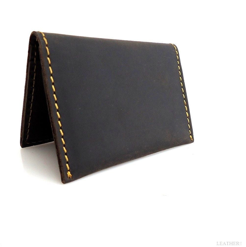 Men's full leather card case with 4 slots and slip pockets, slim bifold mini wallet in brown, designed for back pocket use.