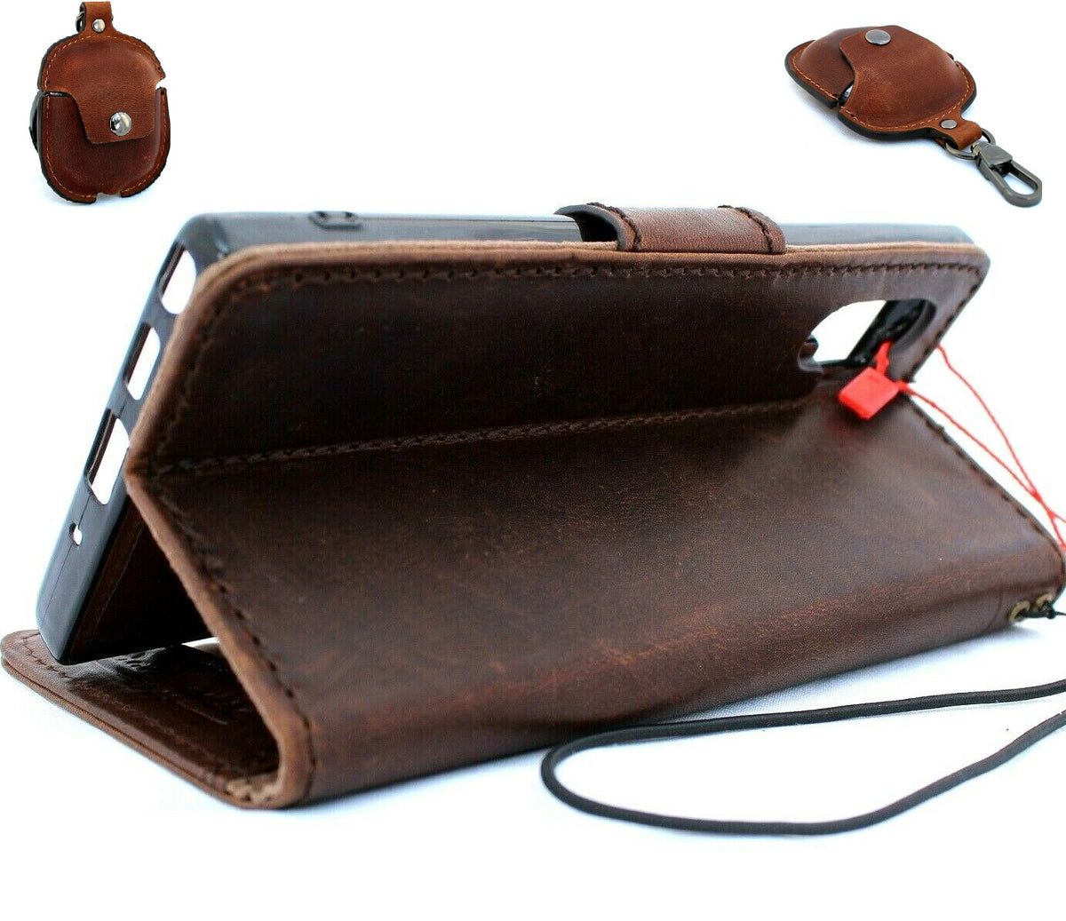 Genuine vintage dark brown leather Samsung Galaxy Note 10 Plus case with wallet slots, rubber stand, magnetic closure, and AirPods 2 holder.