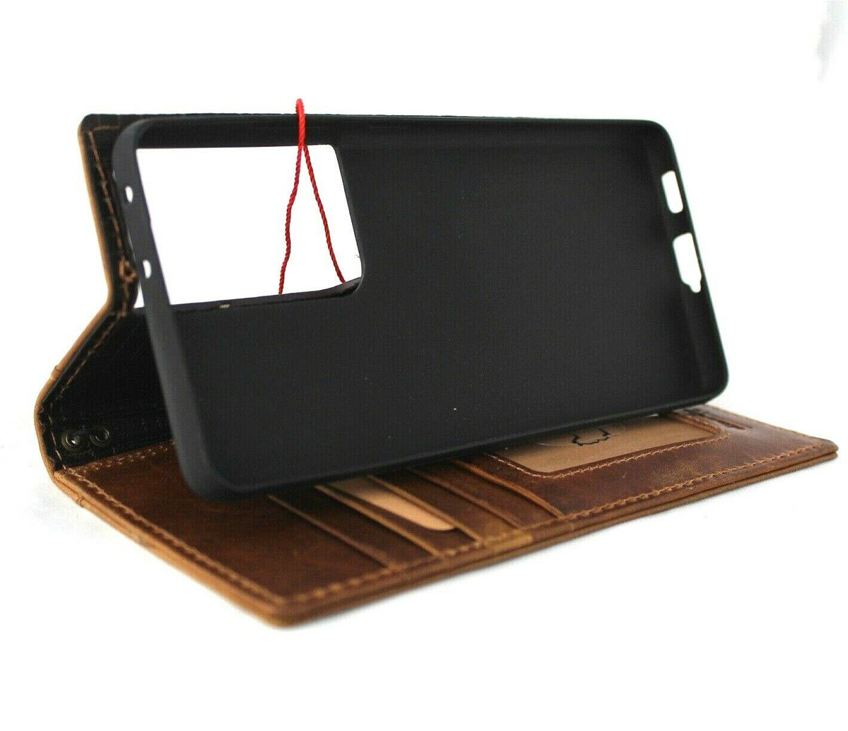 Leather wallet case for Samsung Galaxy S21 Ultra by DAVISCASE with card slots, wireless charging holder, and luxury rubber finish.