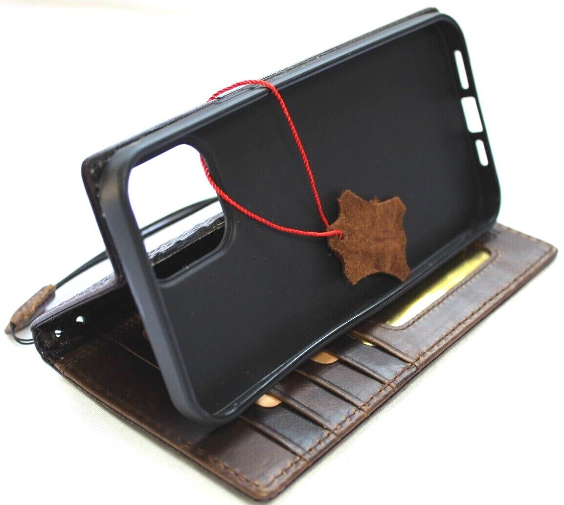Handmade genuine leather phone case by DAVISCASE for iPhone models, featuring crocodile style wallet book design.