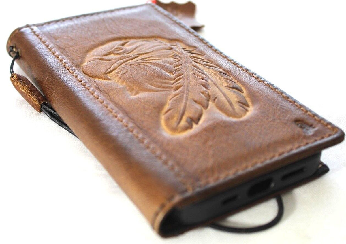 Genuine leather phone case for iPhone 13-18 Pro Max with eagle craft falcon design, vintage tan color, card slots, handcrafted by DAVISCASE.