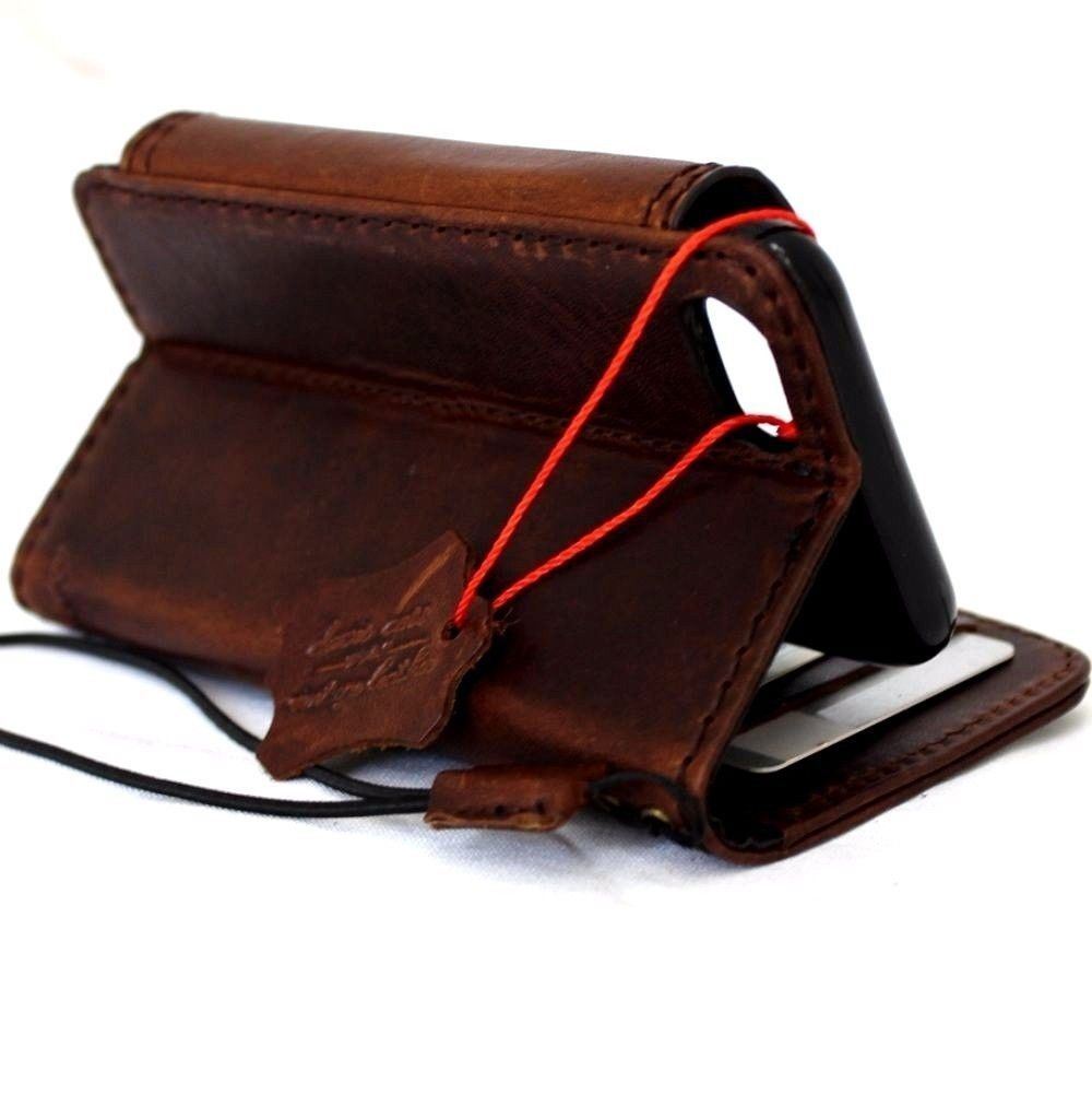 Genuine full leather wallet case for iPhone SE 2 2020 by DAVISCASE, vintage luxury book cover with card slots and wireless charging.