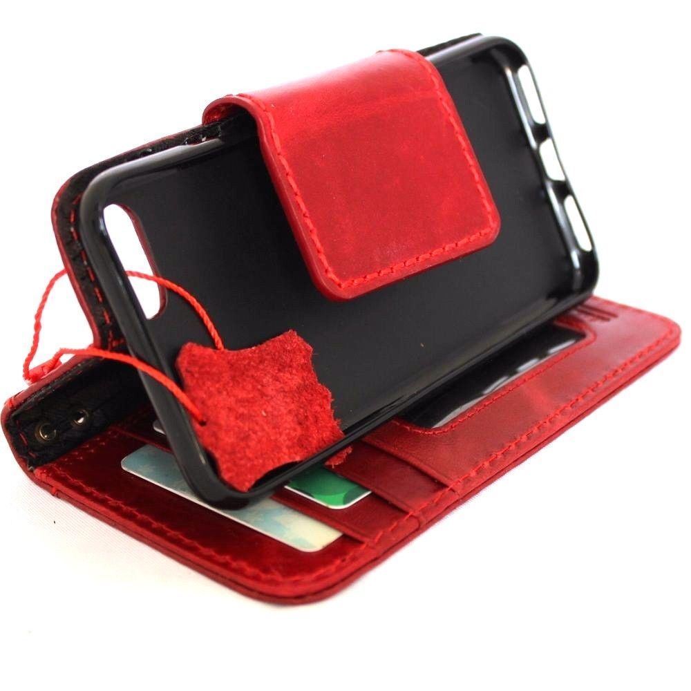 Red wine genuine full leather iPhone 8 case with wallet, card slots, magnetic closure, soft interior, compatible with wireless charging.