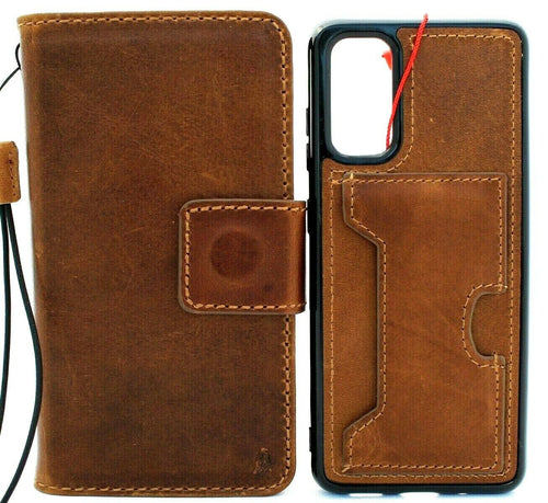 Genuine DavisCase full lather leather wallet case for Samsung Galaxy S20 with luxury slots, removable holder, and wireless charging support.
