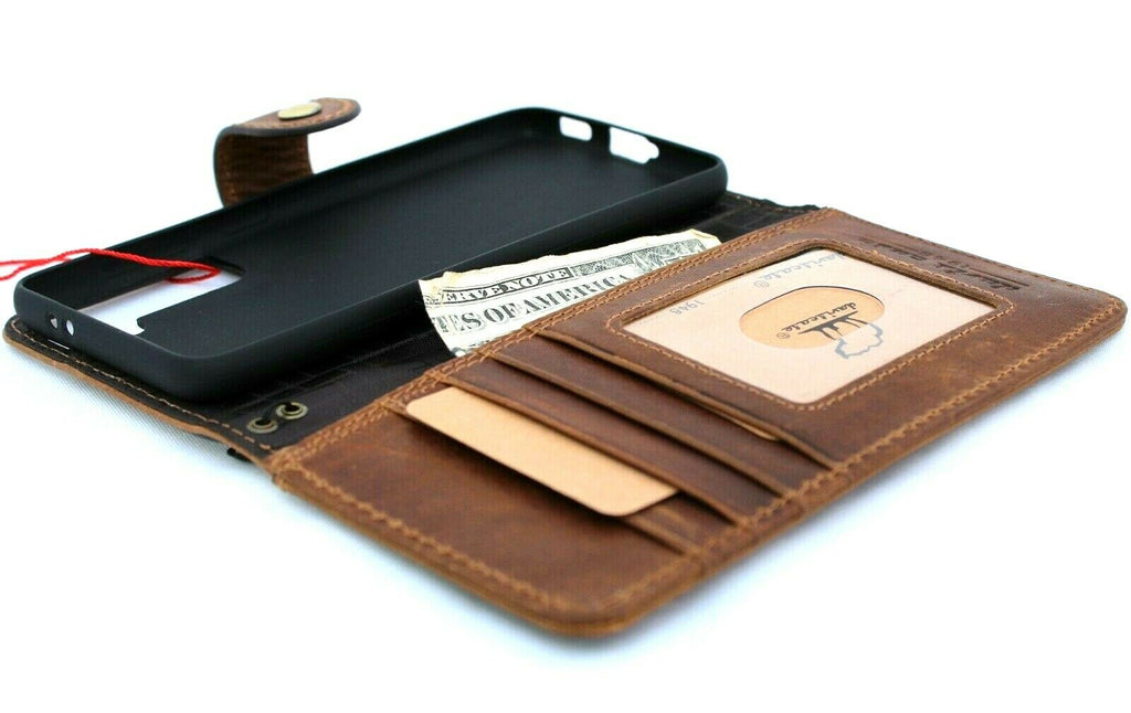 Genuine tan leather Samsung Galaxy S21 book wallet case with card holder and wireless charging compatibility by DavisCase.