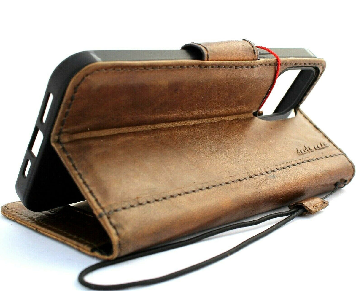 Handmade leather phone case for iPhone 15, 14 Pro Max, XS, SE 2, 8 Plus with vintage style, credit card slots, and magnetic closure.