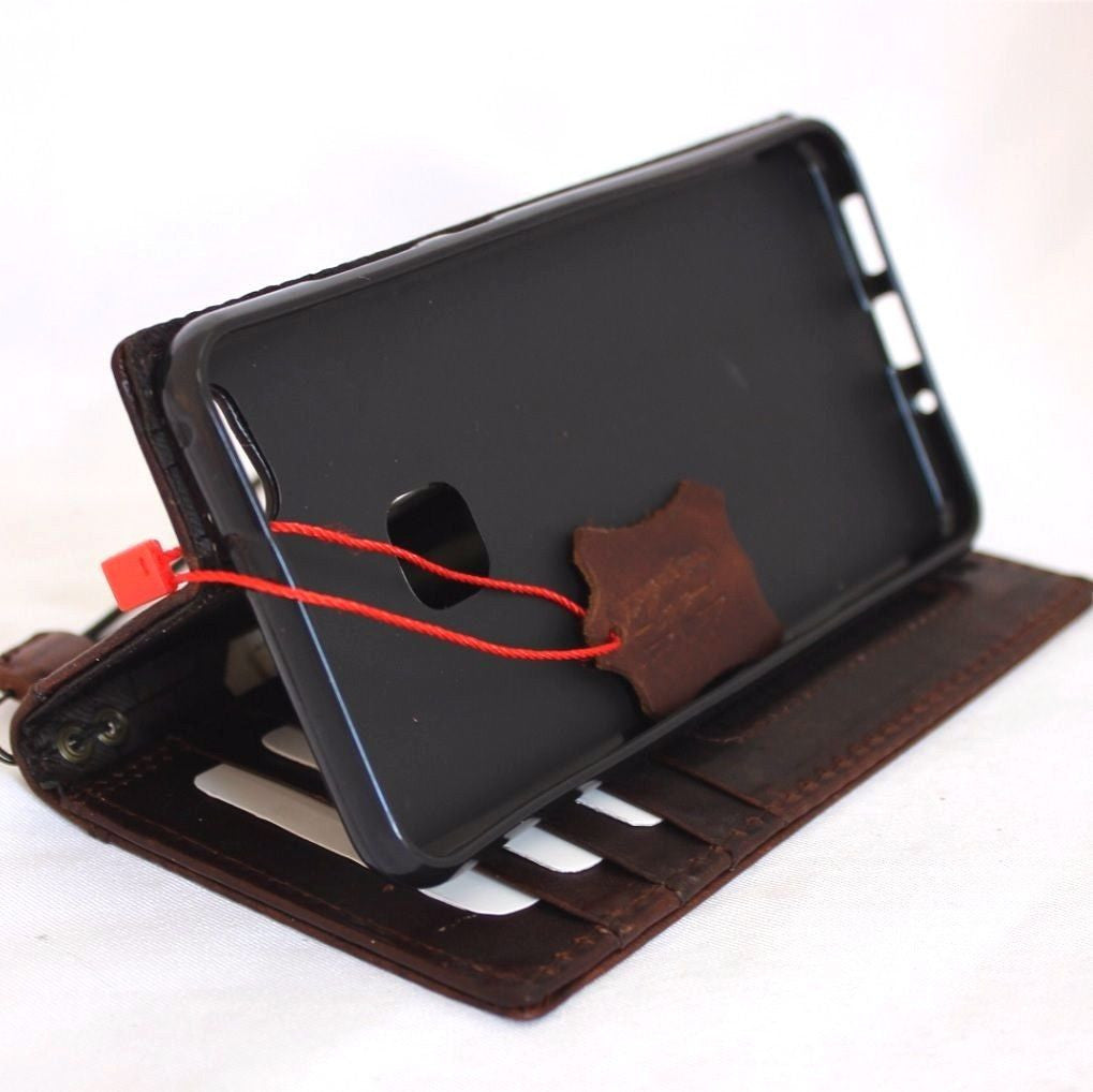 Handmade genuine brown leather phone case for Huawei P10 Lite and Galaxy phones, slim wallet-style cover with card slots.