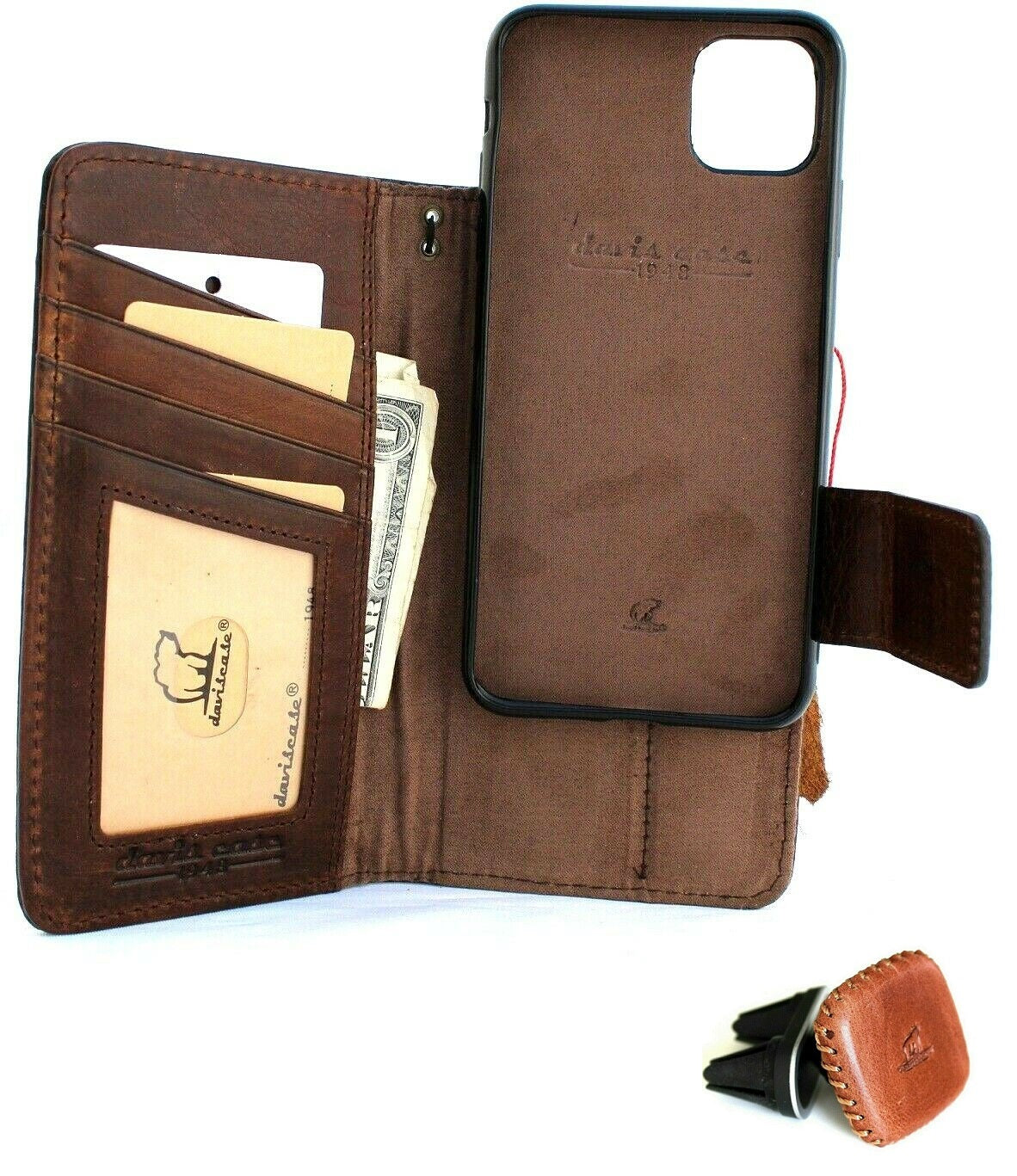 Handmade genuine leather iPhone 11 case with wallet, credit holder, magnetic detachable cover, and magnetic car holder by DAVISCASE