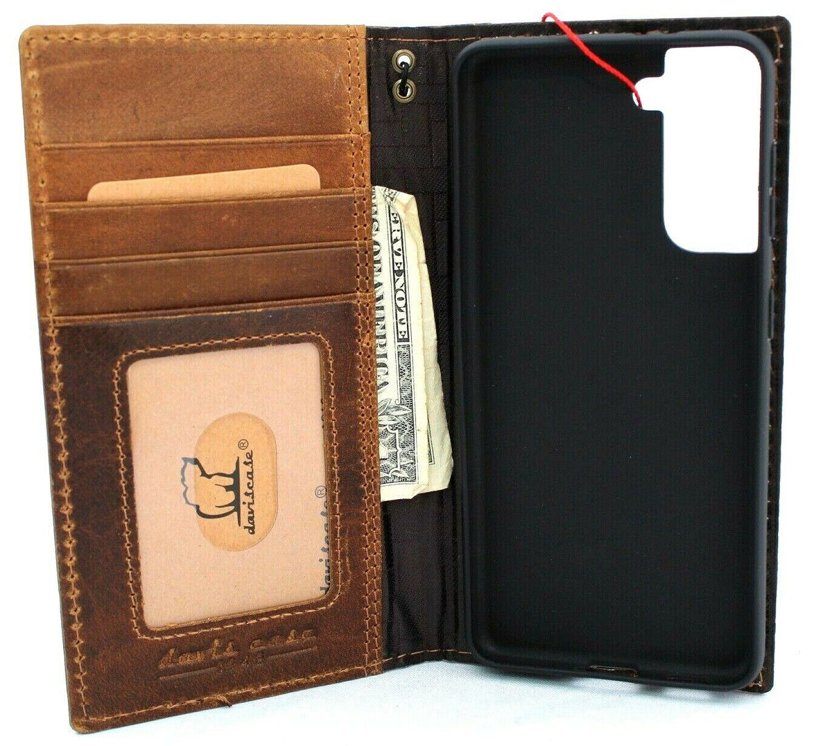 Genuine tan leather Samsung Galaxy S21 wallet case by DAVISCASE with ID window, card slots, and wireless charging holder.