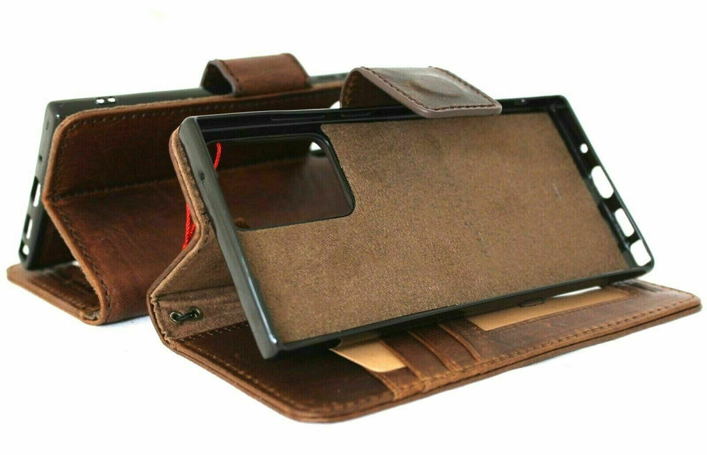 Genuine dark leather Samsung Galaxy Note 20 Ultra case with wallet, card slots, magnetic closure, and detachable holder by DAVISCASE.