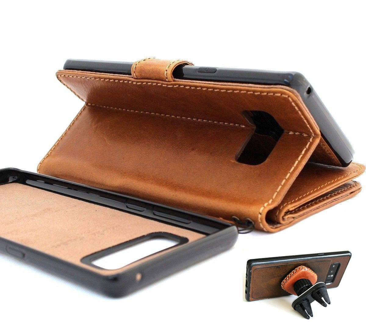 Genuine full-tanned leather Galaxy Note 8 wallet case with card slots, ID window, magnetic closure, and magnetic car holder by DavisCase