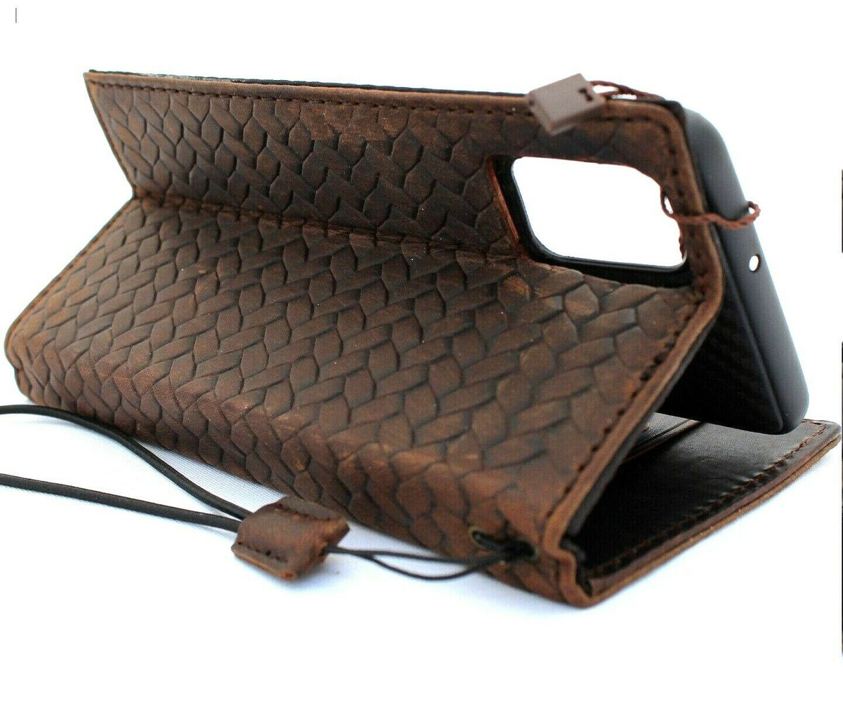 Genuine dark leather wallet case for Samsung Galaxy A71 by DAVISCASE, featuring card holder, ID window, and wireless charging compatibility.
