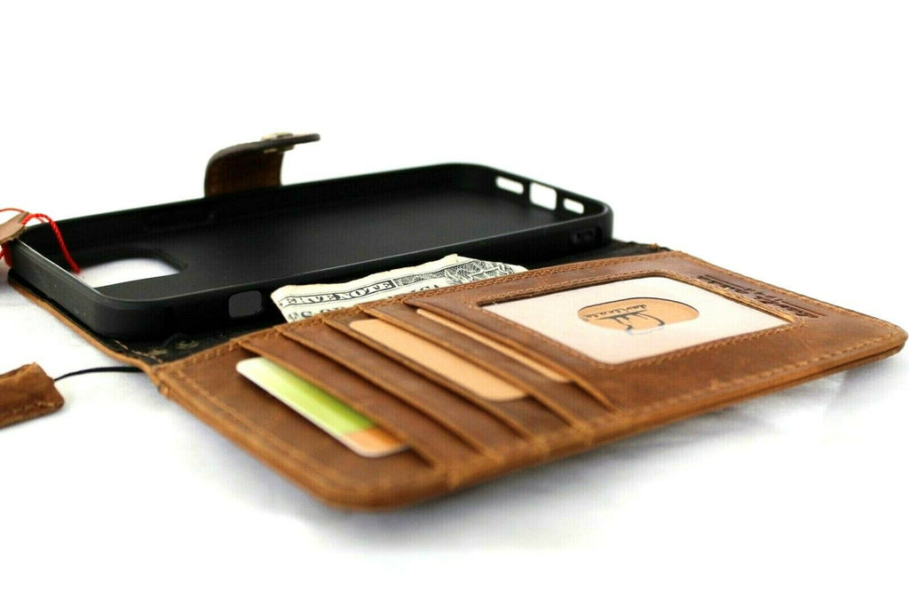 Handmade genuine leather phone case for Apple iPhone 15-17 Pro Max, vintage style Daviscase Air Wallet Book with credit card slots.