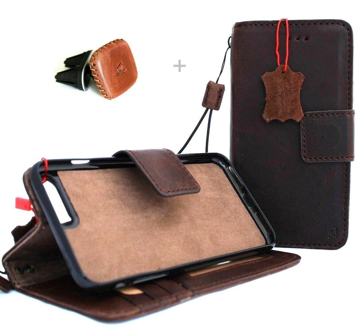 Genuine dark soft leather iPhone SE 2 wallet case with magnetic closure and card slots, shown with magnetic car holder attachment.