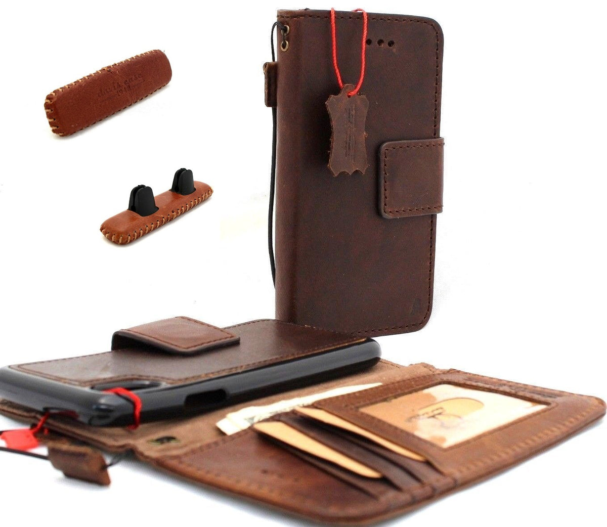 Genuine dark leather iPhone X case by DAVISCASE with vintage wallet design, credit card slots, magnetic cover, and removable car holder
