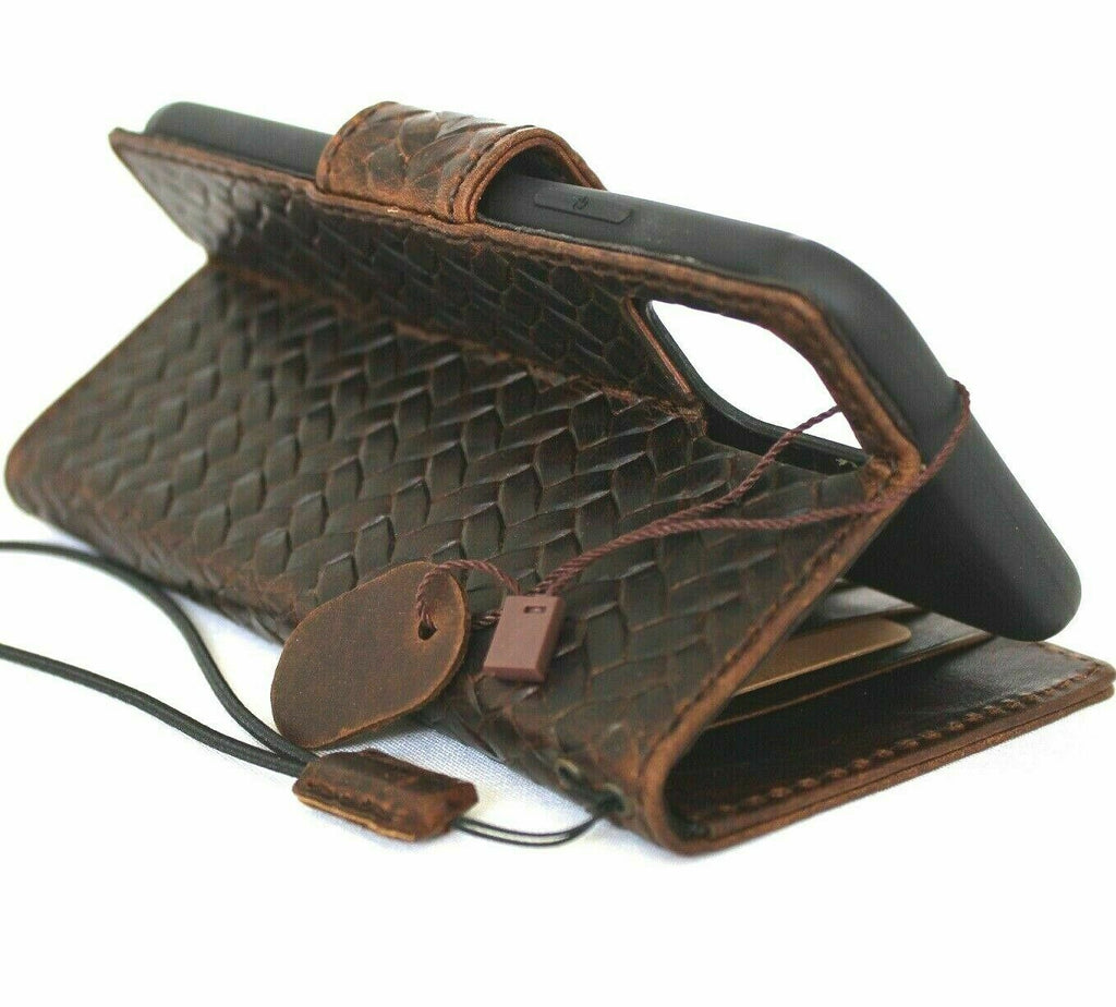 Genuine dark leather iPhone 12 Pro wallet case with vintage braid design, ID window, card slots, and magnetic closure by DAVISCASE.