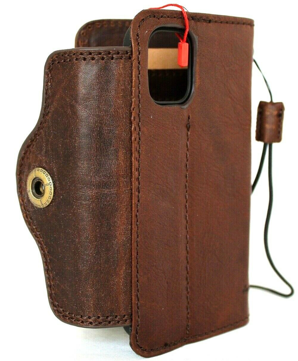 Dark leather iPhone 12 Mini case with vintage book wallet design, credit card slots, soft closure, handmade by DAVISCASE