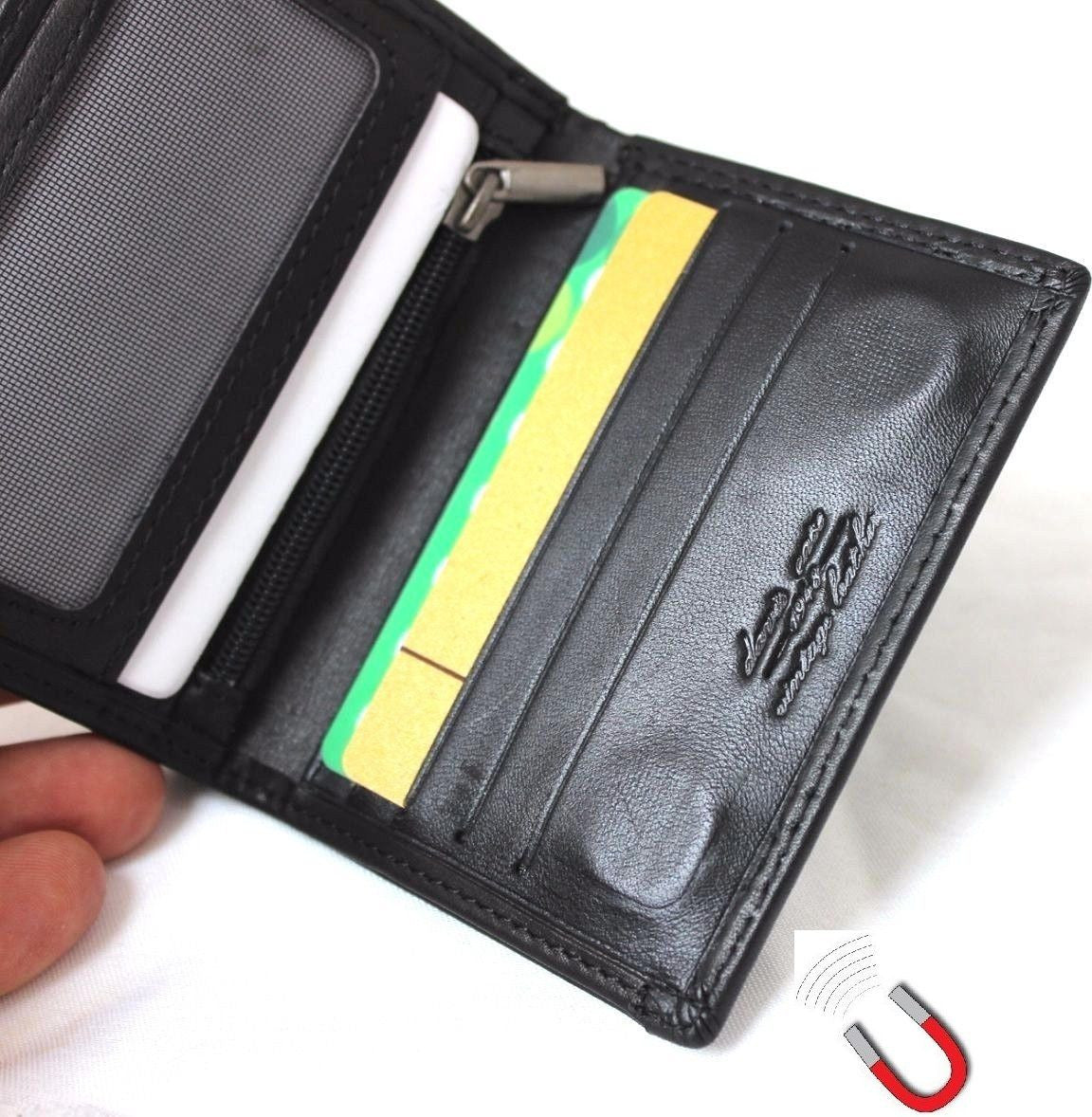 Men's genuine black leather mini wallet with card slots, coin zipper, magnetic closure, slim design by vendor-unknown.