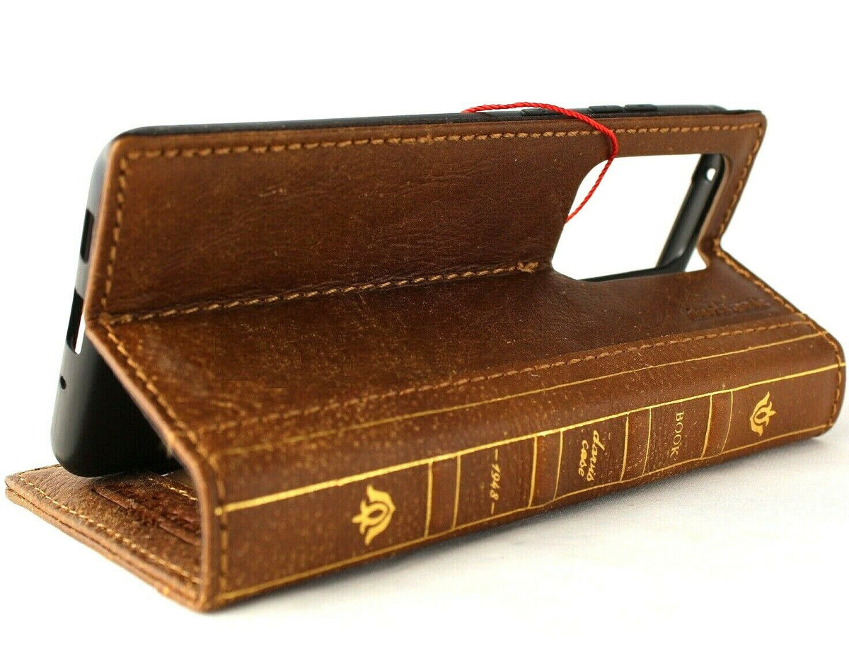 Genuine leather Samsung Galaxy S20 Ultra 5G case by DAVISCASE with wallet design, card slots, wireless charging window, in tan color.