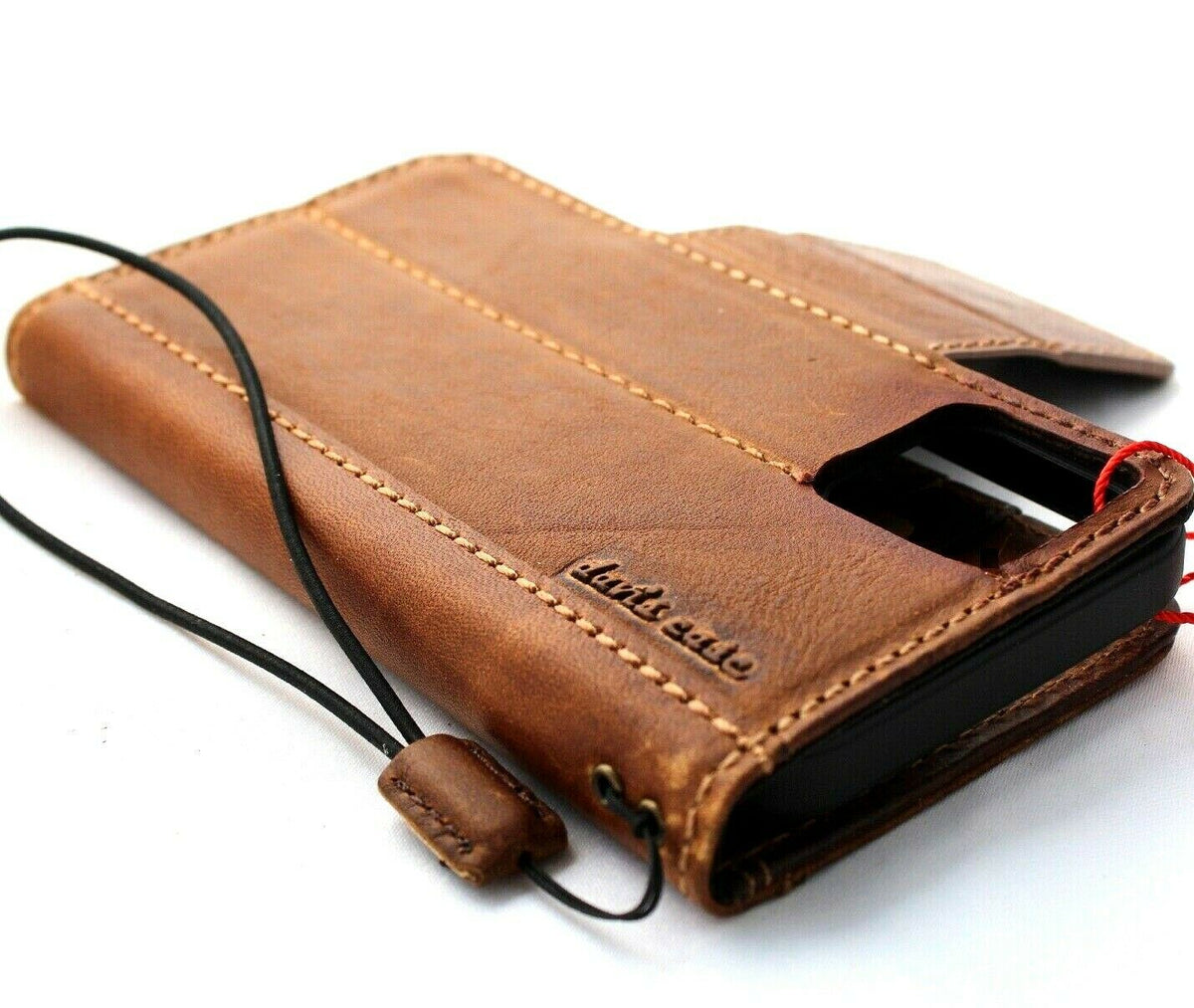 Genuine tan leather wallet case for Apple iPhone 12 Pro, vintage style with ID window, credit card slots, and soft slim design by DAVISCASE.