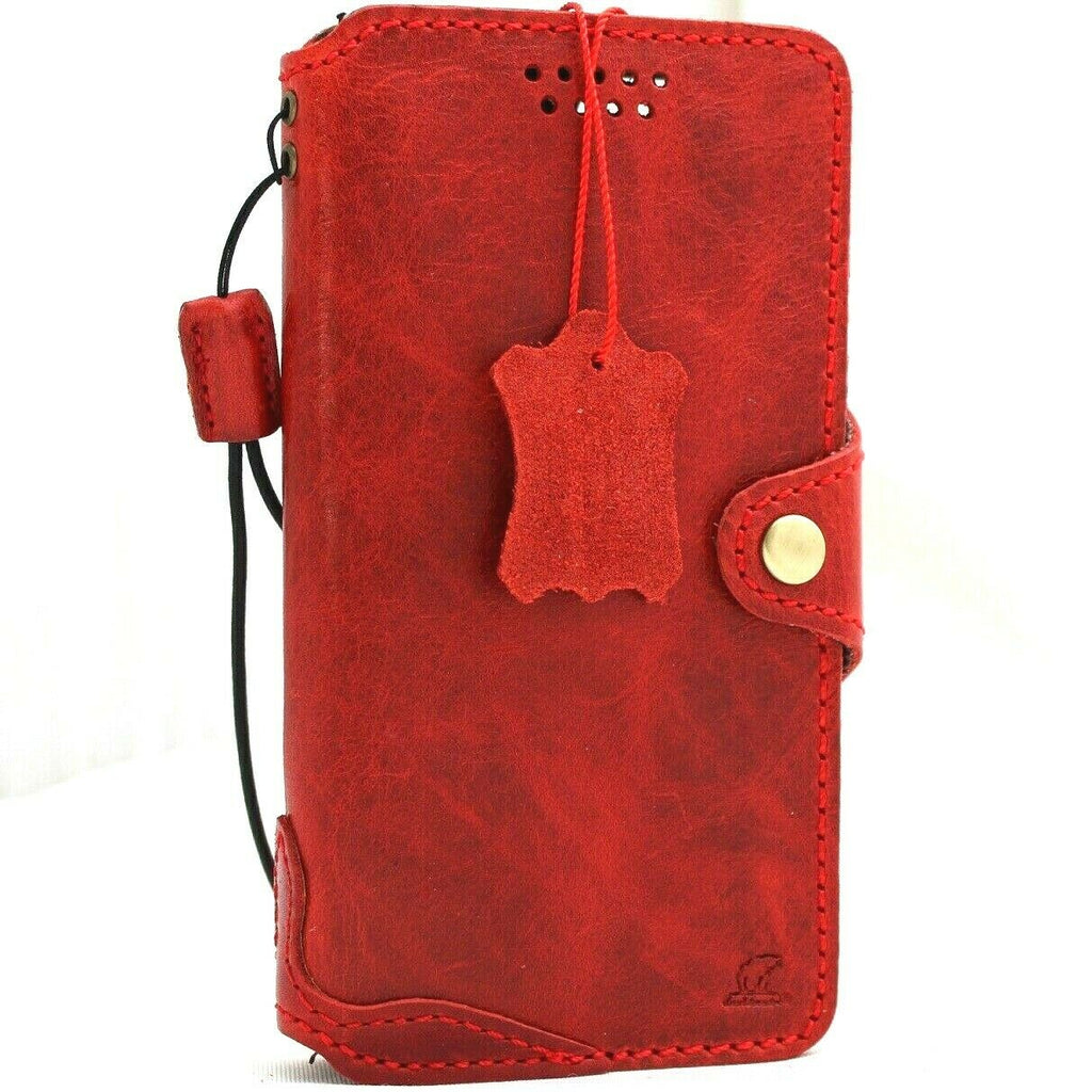 Handmade genuine soft red leather iPhone 12 case with vintage book wallet design, credit card slots, slim full grain DavisCase.