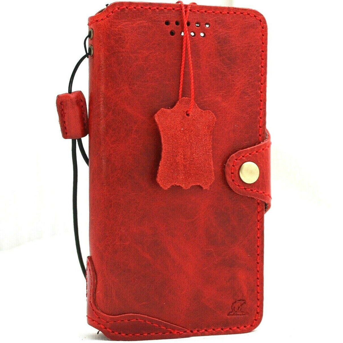 Handmade genuine soft red leather iPhone 12 case with vintage book wallet design, credit card slots, slim full grain DavisCase.