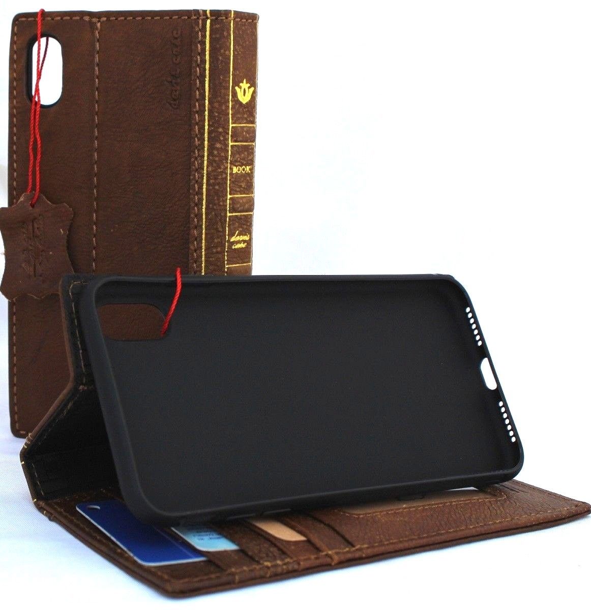 Vintage tan genuine leather iPhone XS case with wallet-style design, card slots, slim fit, handmade by Daviscase.