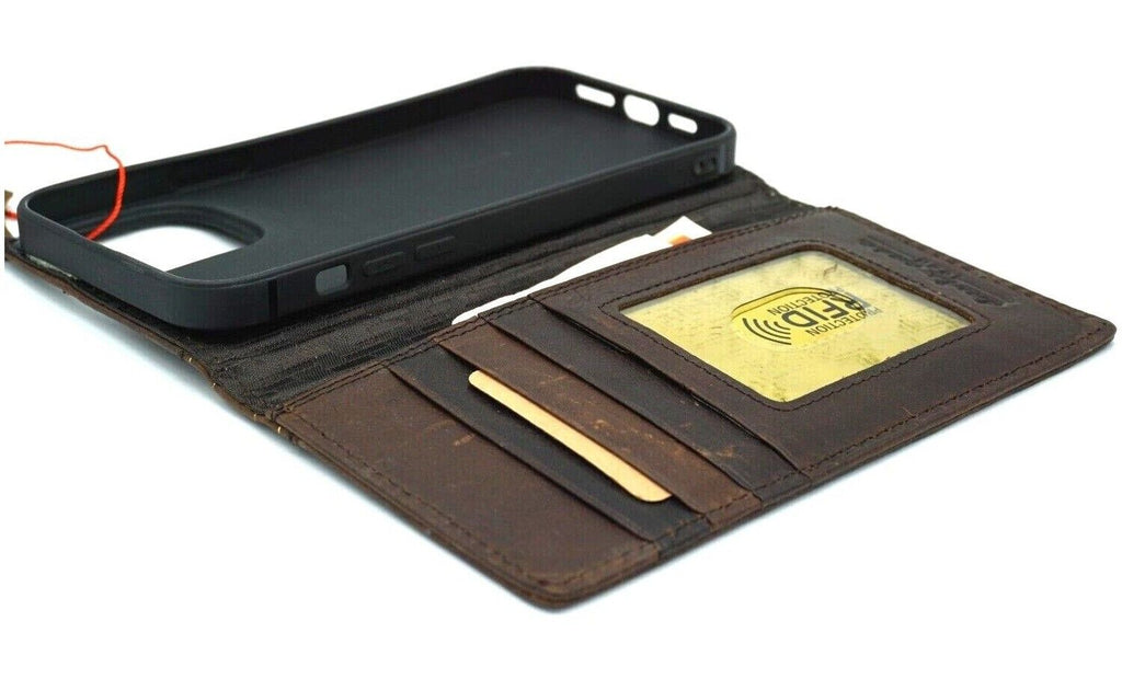 Handmade genuine leather phone case by DAVISCASE for iPhone 11-15 Pro Max, with vintage style, credit card slots, and wood shark design.