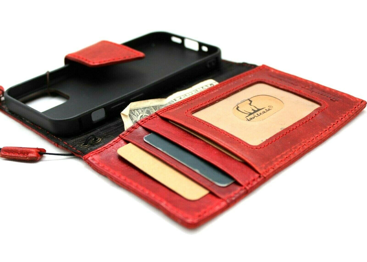 Vintage red leather phone case for iPhone 13 Mini by DAVISCASE with magnetic closure and slim card holder design.