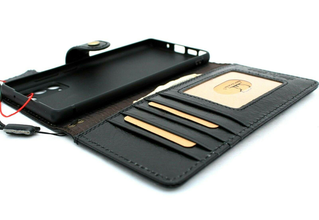 DavisCase genuine black leather wallet case for Samsung Galaxy Note 20 5G with ID window, card holder, and soft cover design.