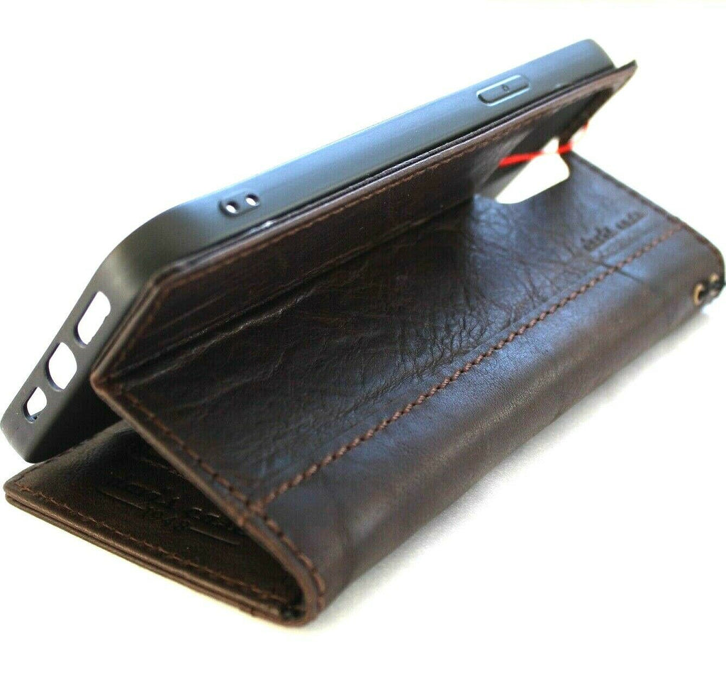Handcrafted genuine leather phone wallet case for iPhone 11-15 Pro Max, vintage lion design, credit card slots, DavisCase leather cover