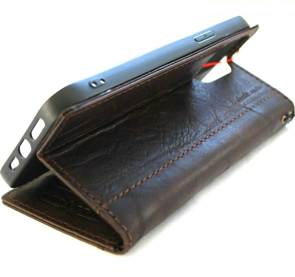 Handcrafted genuine leather phone wallet case for iPhone 11-15 Pro Max, vintage lion design, credit card slots, DavisCase leather cover