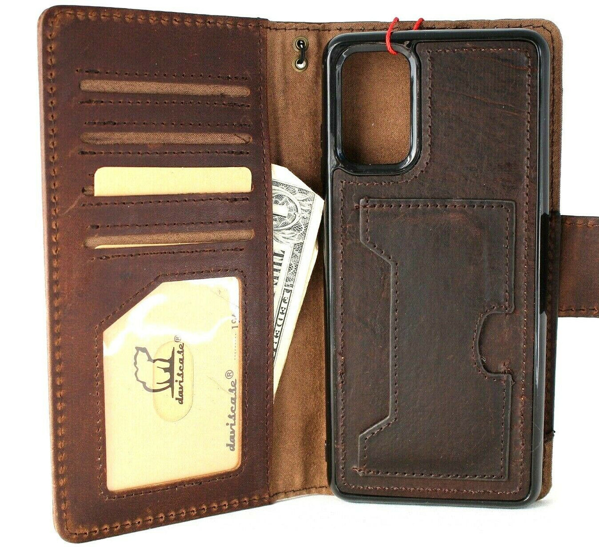 DavisCase genuine full leather wallet case for Samsung Galaxy S20 Plus with removable slots, rubber window, and wireless charging support.