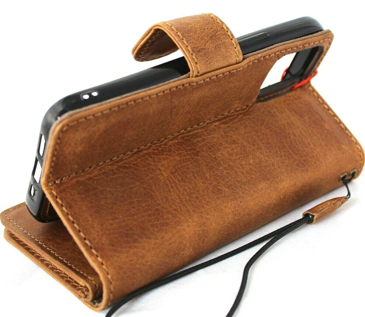 Handmade genuine leather iPhone 12 case by DAVISCASE with vintage tan finish, credit card slots, magnetic cover, and soft removable cover.