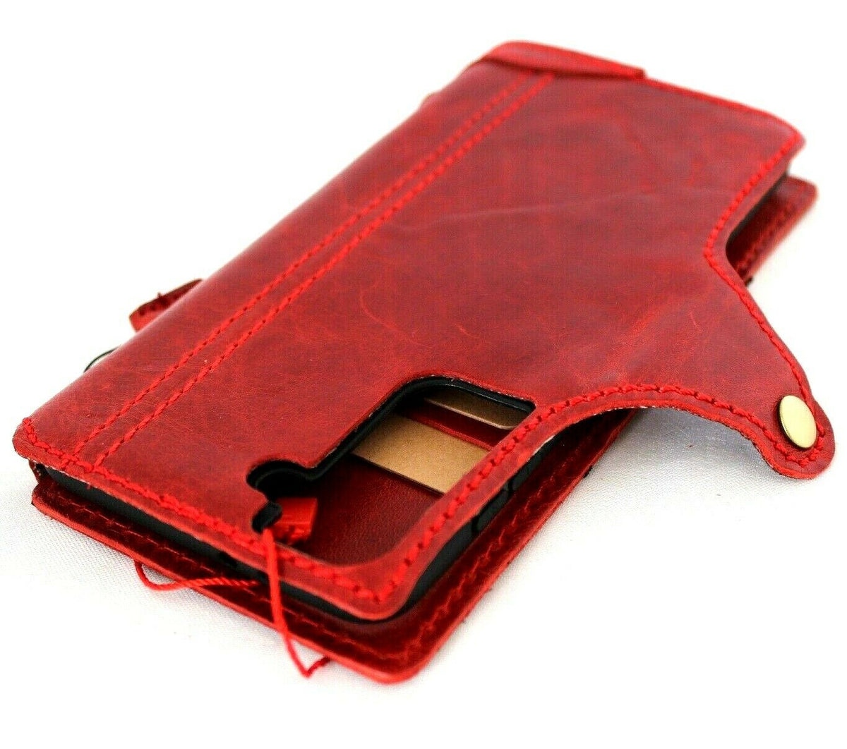 Genuine vintage red leather Galaxy S21 Plus 5G wallet case by DAVISCASE with card slots and soft rubber interior.