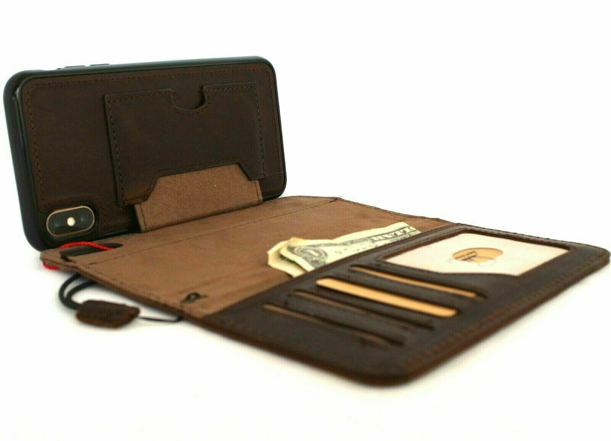 Genuine dark leather Apple iPhone XS case by DAVISCASE with vintage wallet design, magnetic closure, and removable credit card holder.