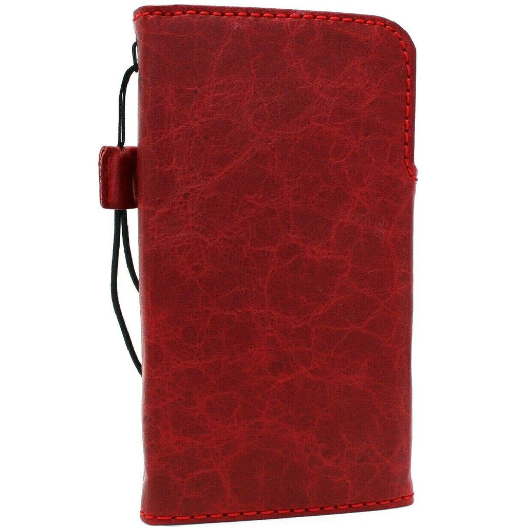 Handmade genuine red leather wallet case for iPhone 11 Pro Max with credit card slots and rubber strap by DAVISCASE.