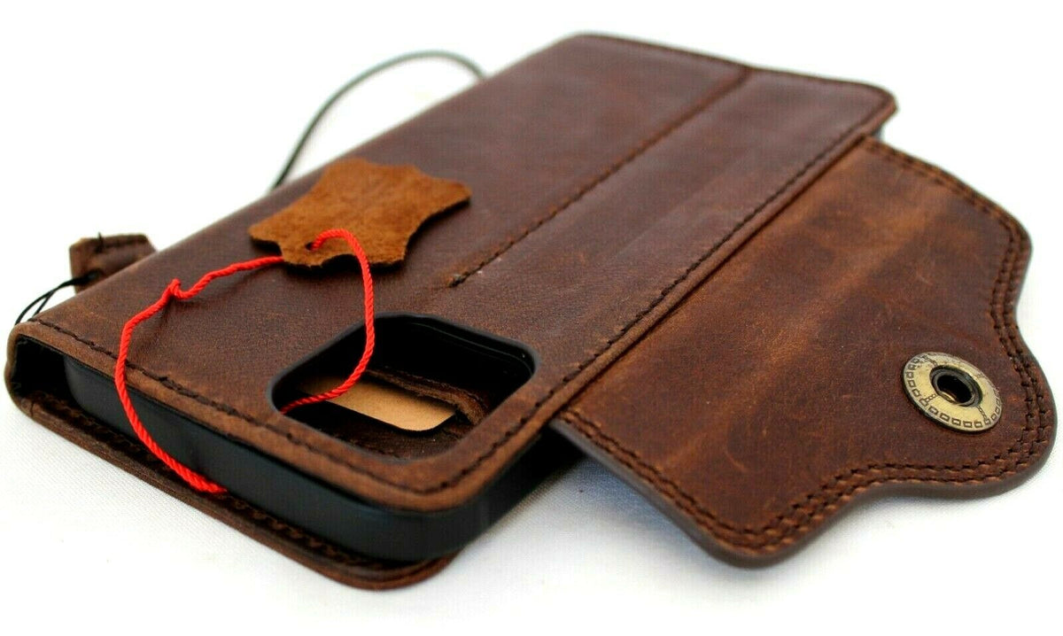 Genuine dark soft leather wallet case for Apple iPhone 12 Pro Max with credit card slots and slim closure by DAVISCASE
