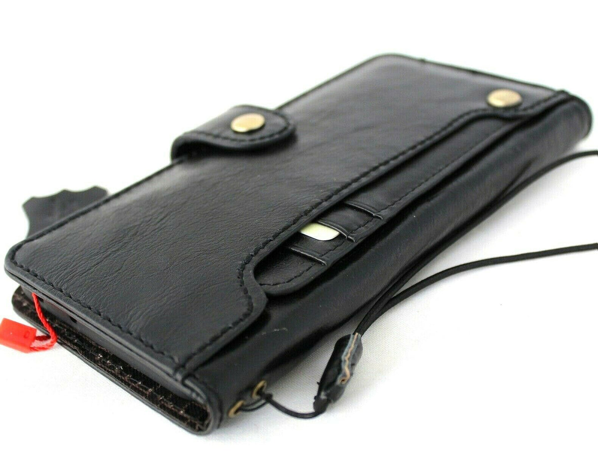 Black genuine top grain leather Samsung Galaxy S21 Ultra 5G case with wallet, credit card slots, handmade rubber holder by DAVISCASE