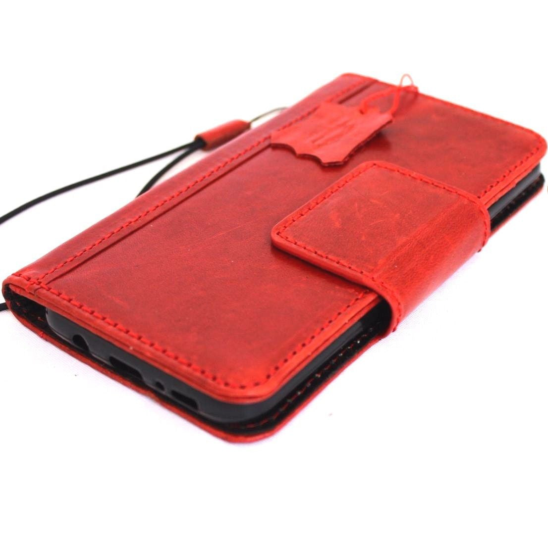 Vintage red leather Samsung Galaxy S8 wallet case with magnetic closure, handmade phone cover featuring a classic book design.