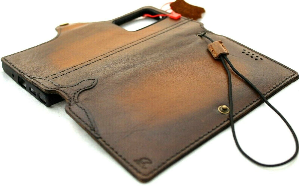 Dark oiled genuine leather case for Samsung Galaxy S20 Ultra, handmade wallet-style holder with wireless charger compatibility by DAVISCASE.