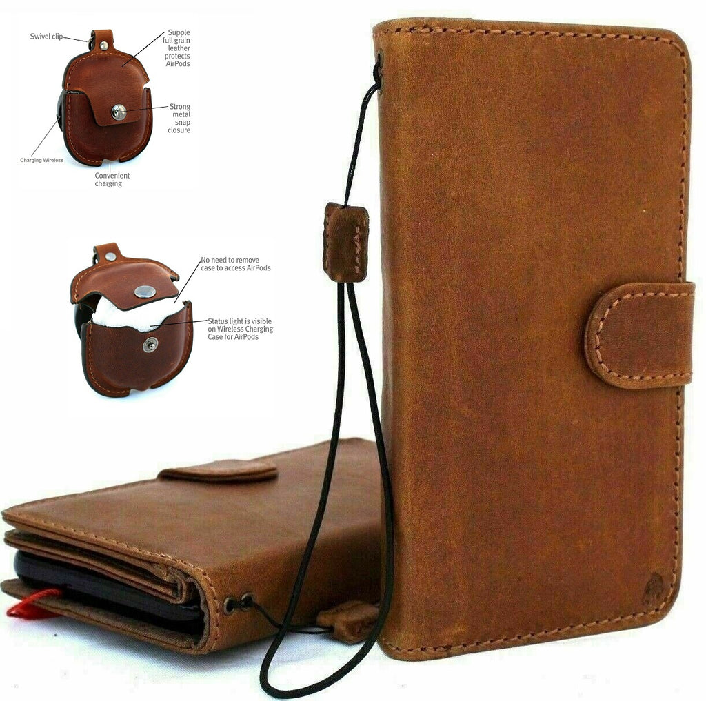 Handmade genuine leather wallet case for Samsung Galaxy Note 10 with window stand, removable cover, and AirPods 2 holder.