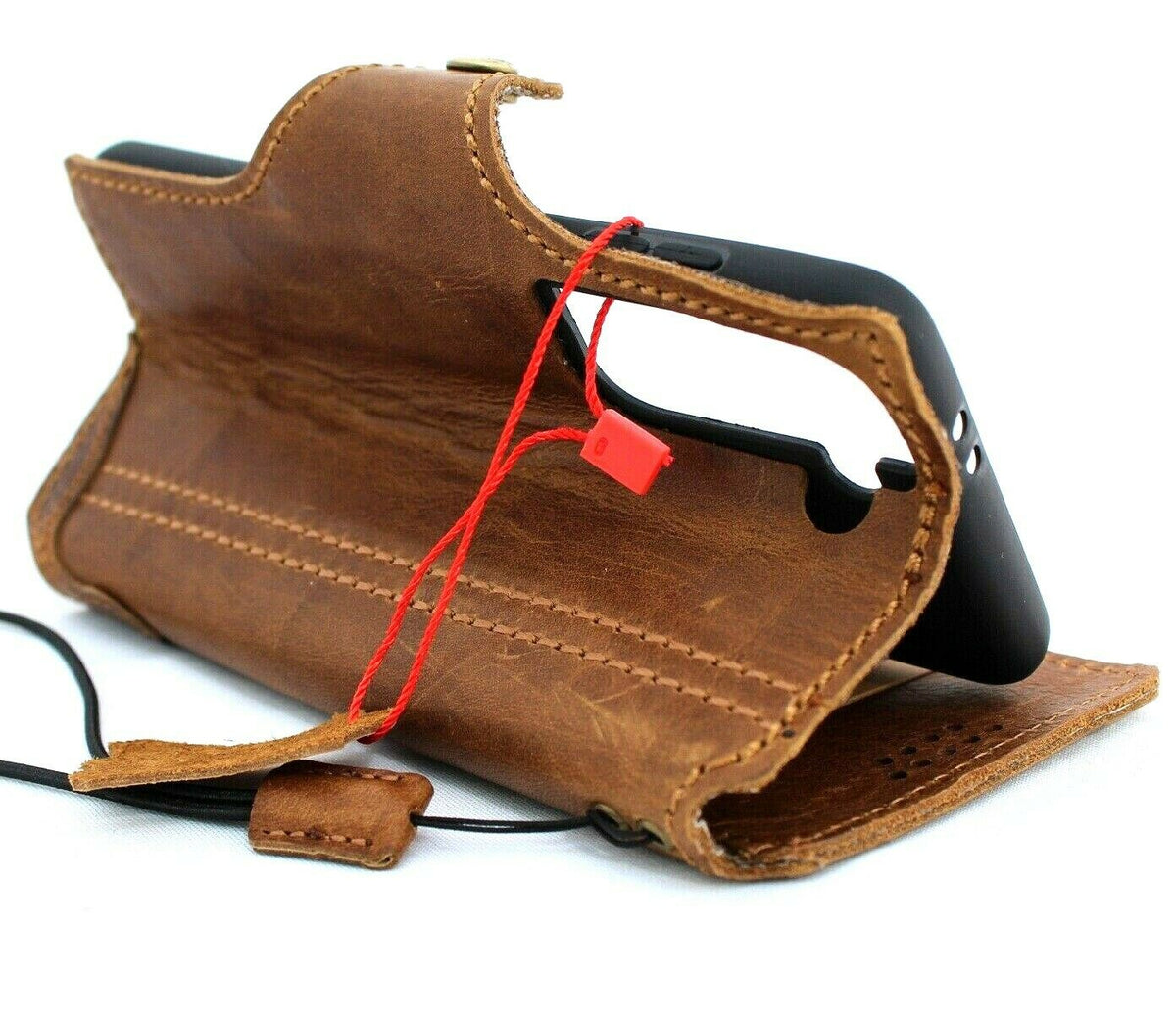 Handmade tan leather wallet case for Samsung Galaxy S21 by DAVISCASE, slim design with rubber holder for wireless charging.