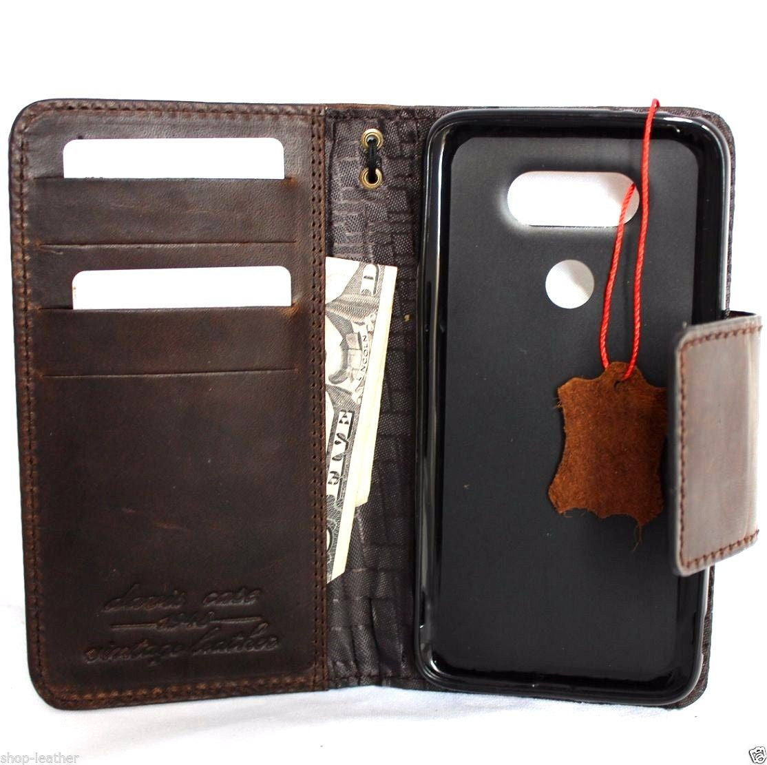 Handmade genuine vintage leather phone case for LG G5 with slim, luxury pro wallet design, showcasing craftsmanship and leather texture.
