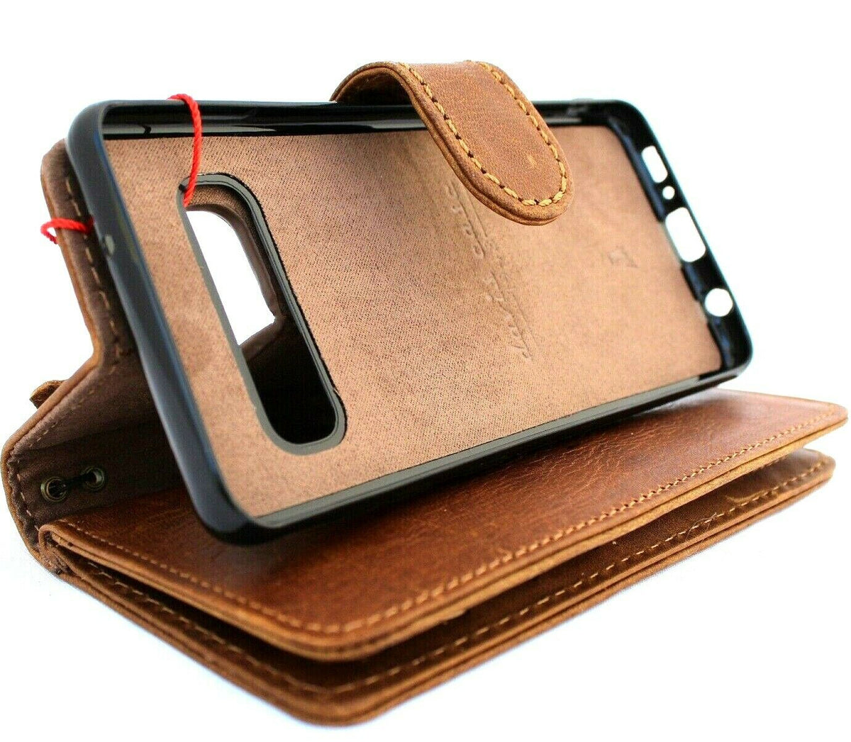 Samsung Galaxy S10 leather wallet case by DAVISCASE with card slots, rubber window, magnetic closure, slim design, and detachable cover.