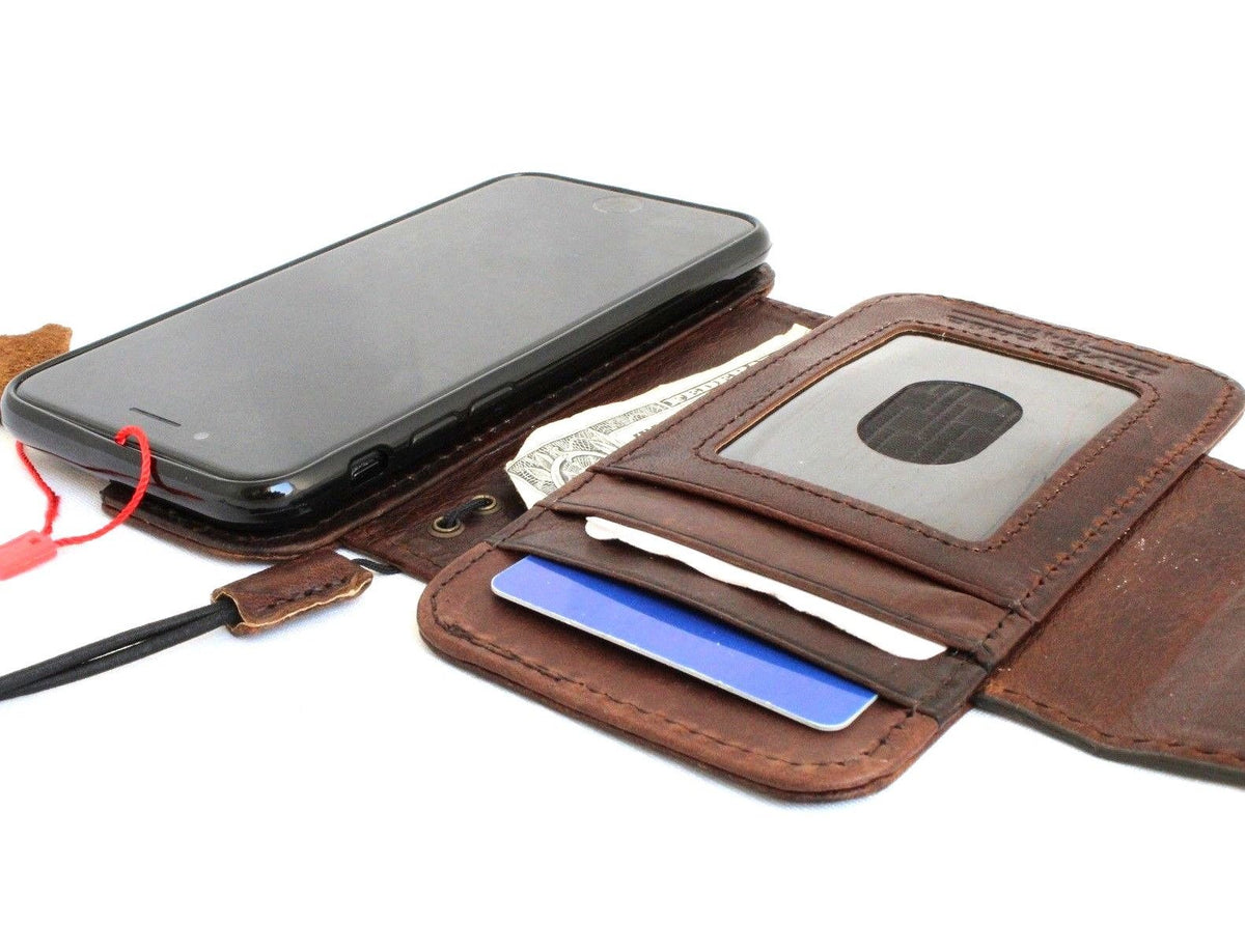 Handmade genuine Italian leather iPhone 8 wallet case with card slots and removable cover, crafted for luxury and protection.