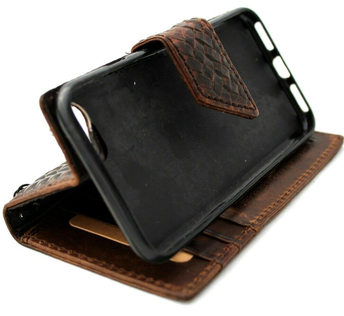 Genuine dark leather iPhone 8 magnetic case with wallet-style design, credit card holder, and luxurious handmade craftsmanship.