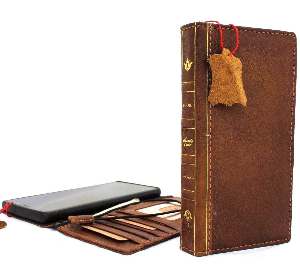 Handmade tan leather Samsung Galaxy Note 9 wallet case with card slots, vintage design, slim fit, for wireless charging by DAVISCASE.