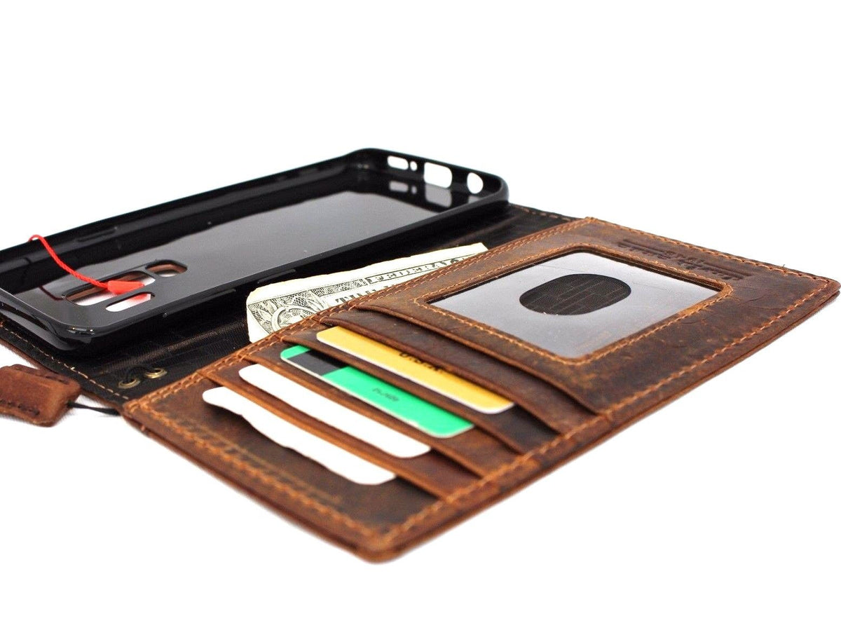 Vintage leather Samsung Galaxy S9 Plus case by DAVISCASE with wallet design, elastic strap, card slots, tan color, handmade phone cover.