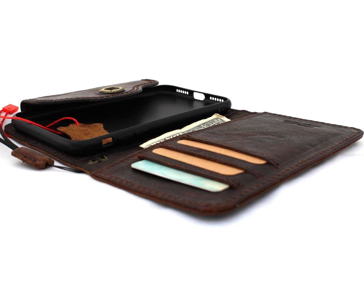 Bright brown genuine leather iPhone XS case by DAVISCASE with wallet design, card slots, slim fit, and retro style.